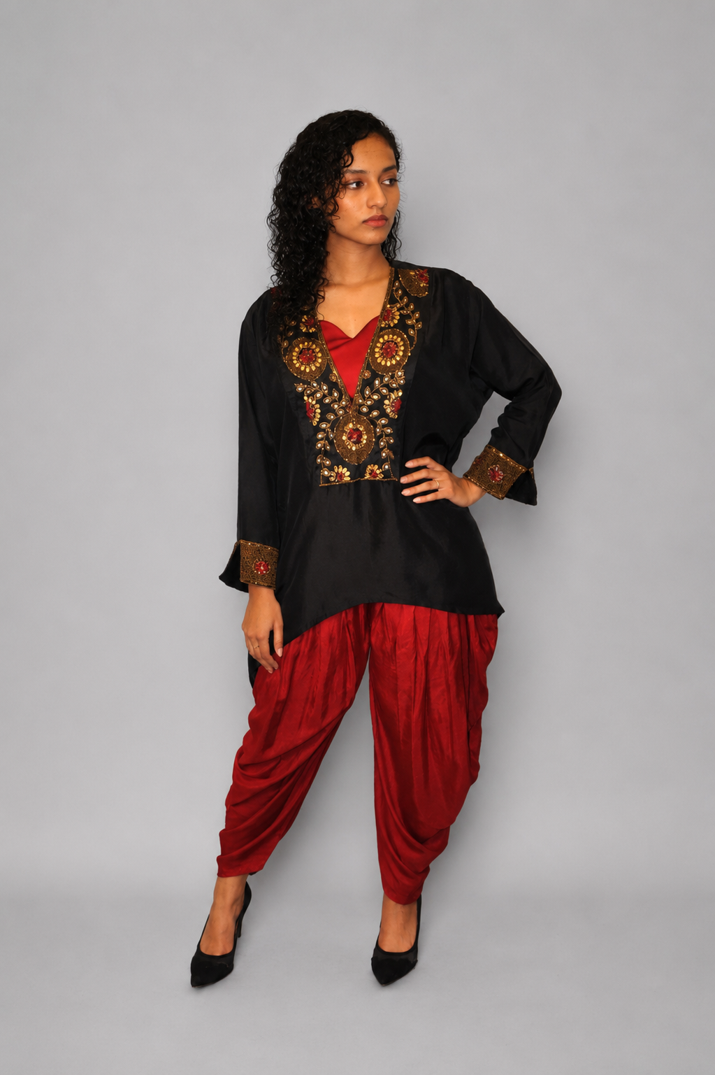 DINI's CRIMSON & CHARCOAL DHOTI FUSION