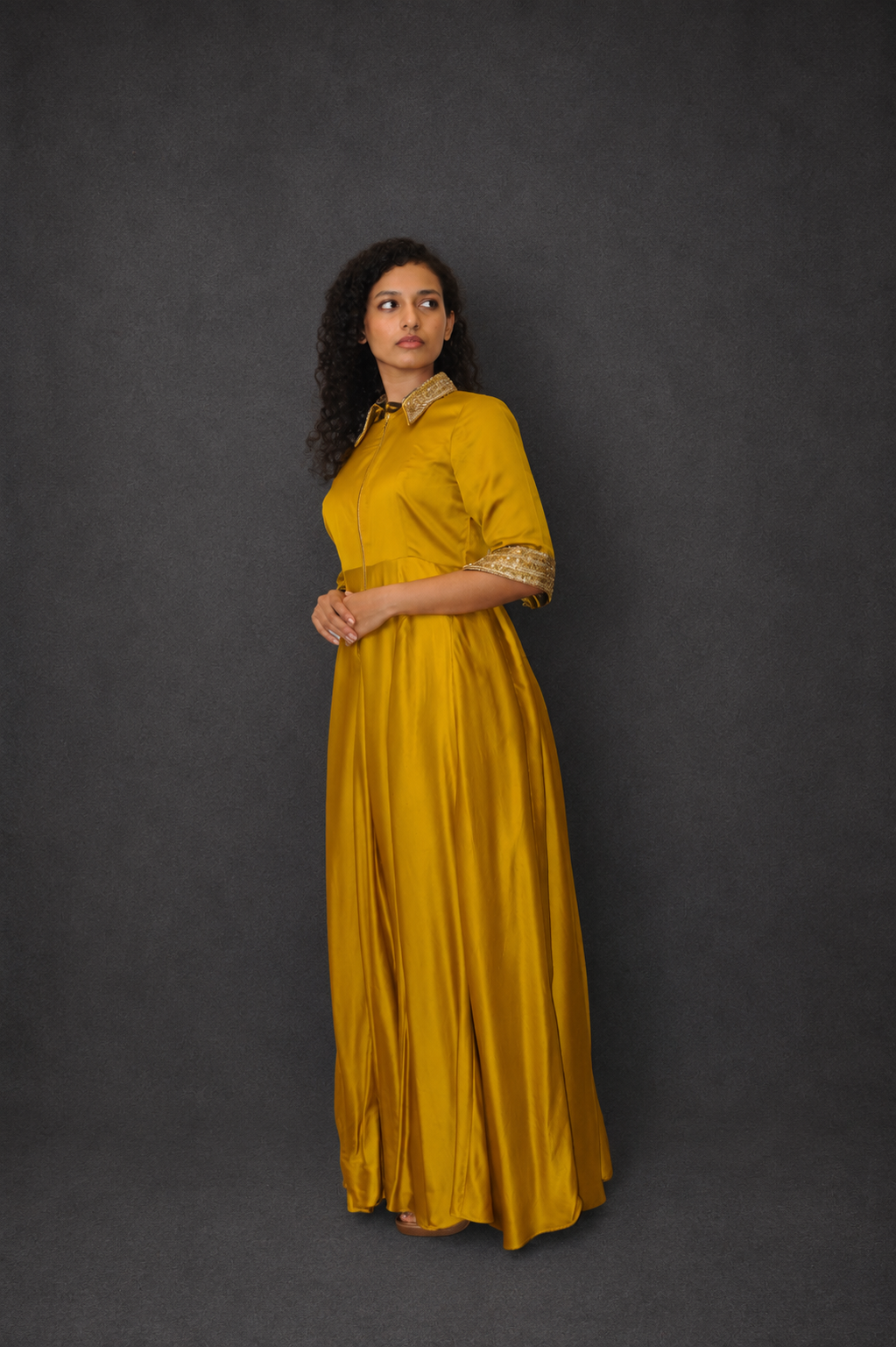 DINI's GOLDEN OCRE ZIP ANARKALI