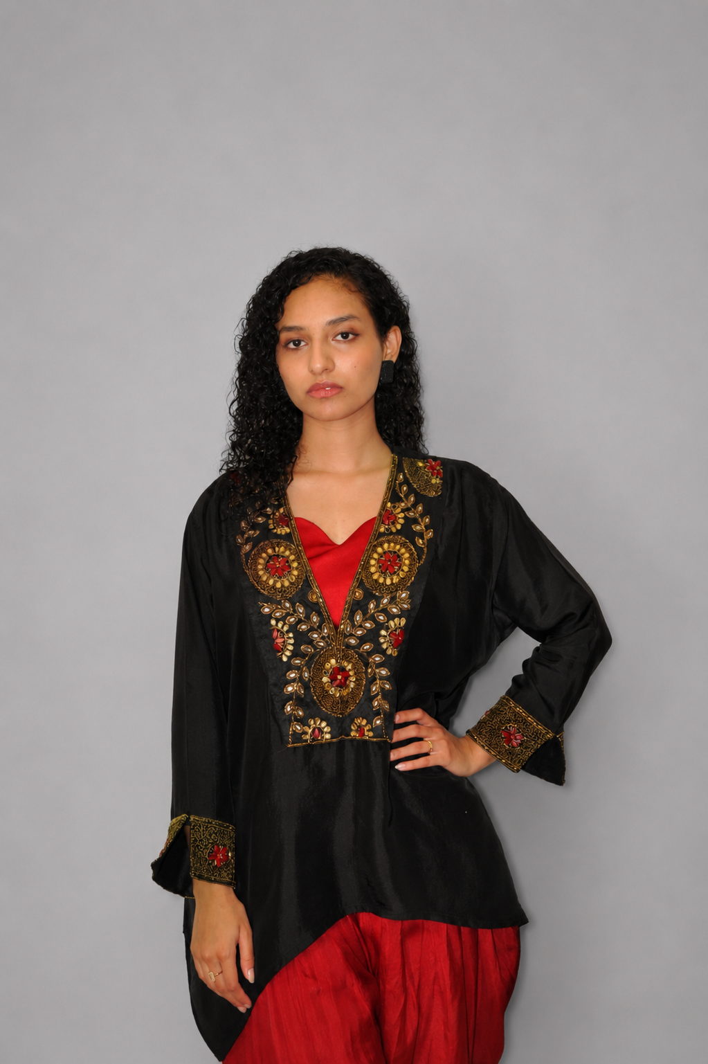 DINI's CRIMSON & CHARCOAL DHOTI FUSION